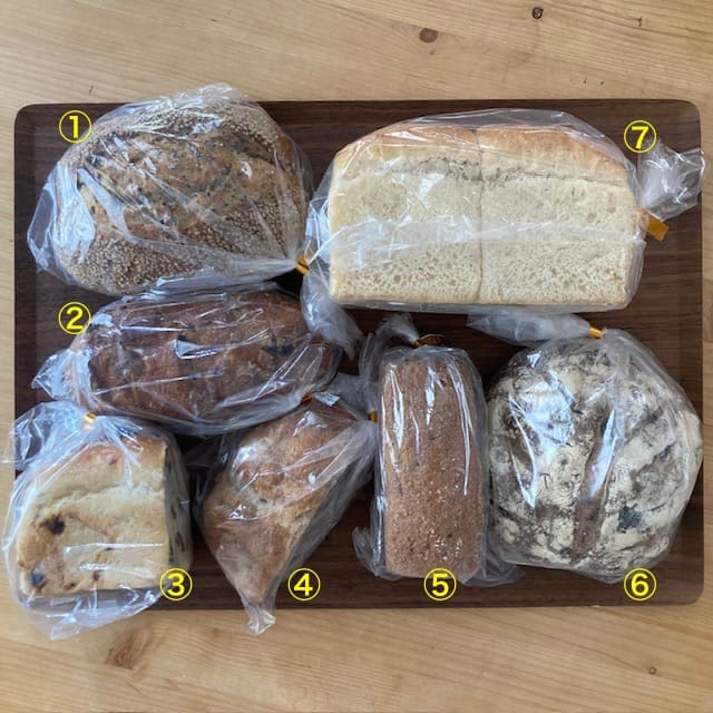 トレーに並べた7種のパン