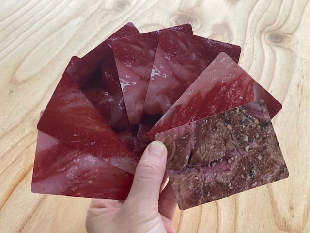 手持ち札を手で持って広げた状態の肉かるた