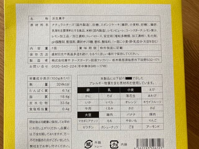 パッケージの裏の原材料欄